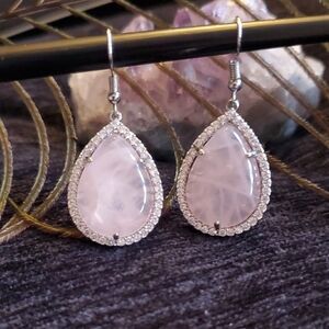 Genuine Rose Quartz Prong Set Silver  Teardrop Pierced Fish Hook Wire Earrings